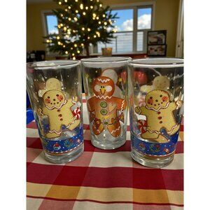 Gingerbread Man Holiday-Themed Glass Tumblers Set Of 3 Festive Blue & Red Detail